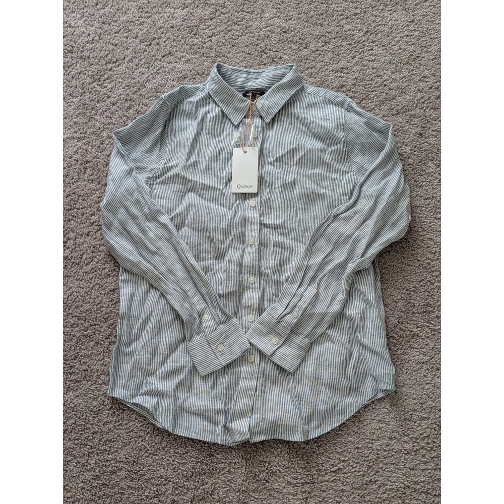 Quince 100% European Linen Long Sleeve Shirt Women's Medium Blue Pinstripe NWT
